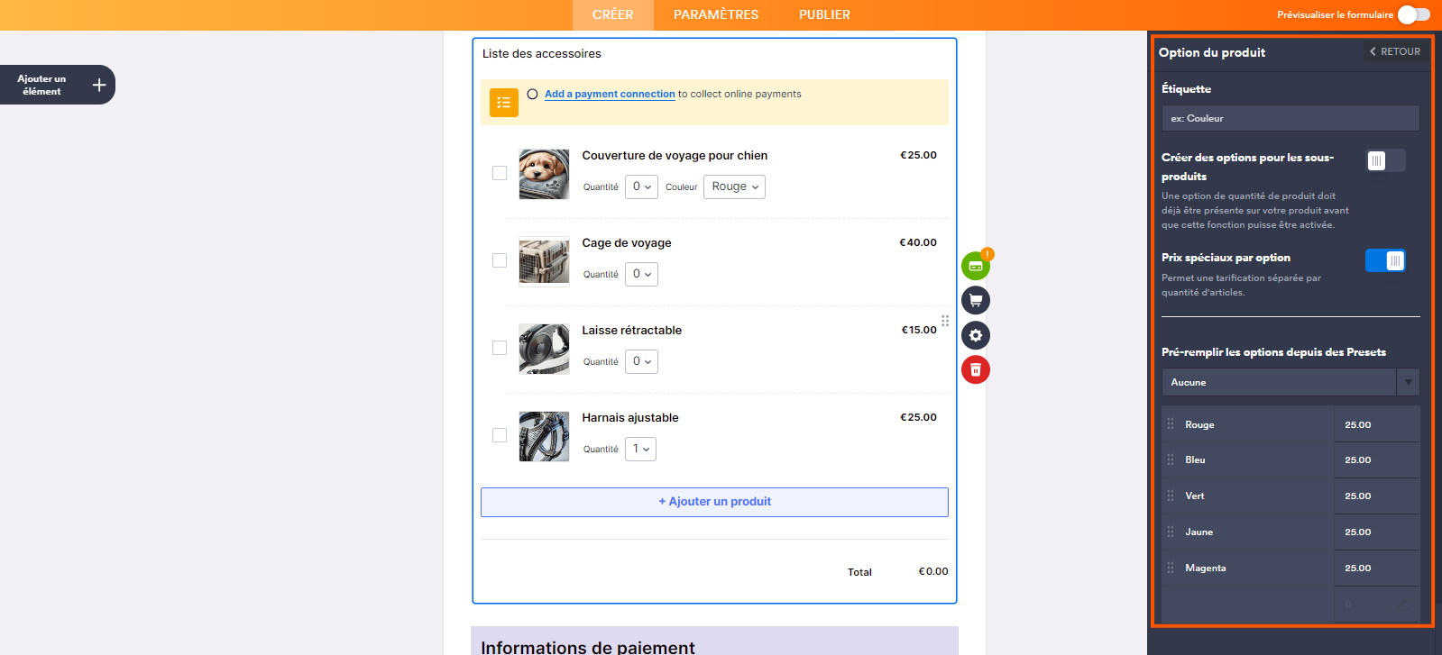 Capture d'écran du formulaire dans le Générateur de formulaires Jotform avec un encadré autour des options du volet Options de produit que vous pouvez renseigner pour affiner votre offre de produits