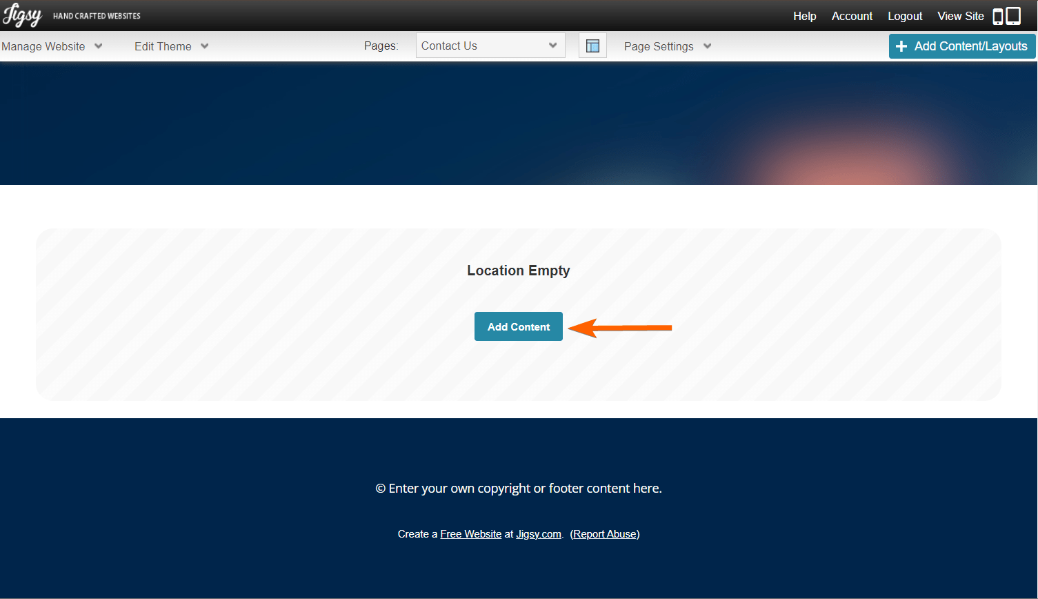 Capture d'écran de Jigsy Web Builder avec une flèche pointant vers le bouton Ajouter du contenu 