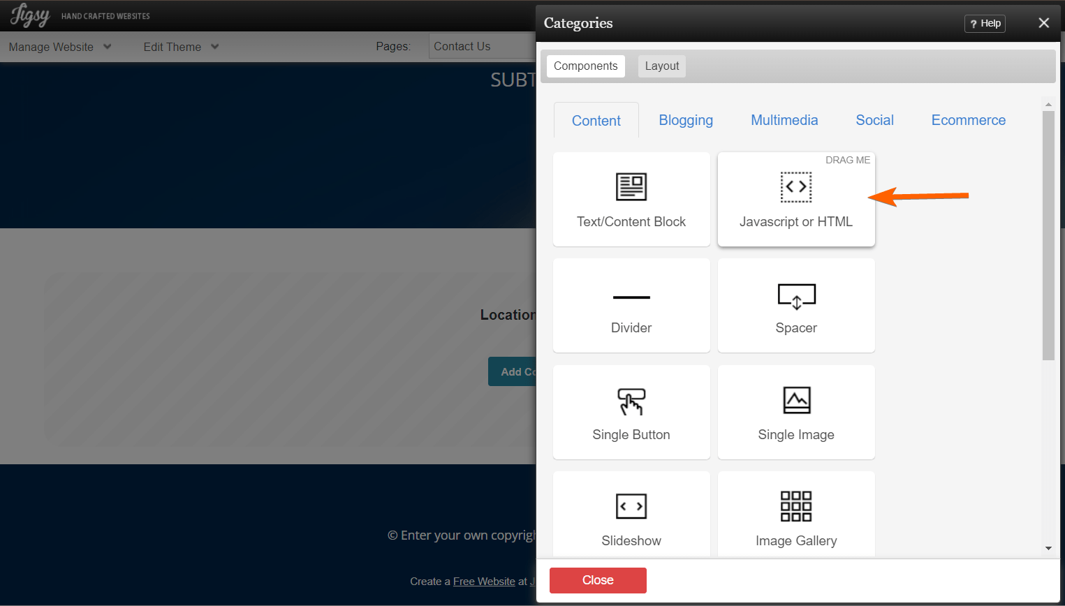 Capture d'écran d'un bloc JavaScript/HTML dans la section Composants de Jigsy Web Builder