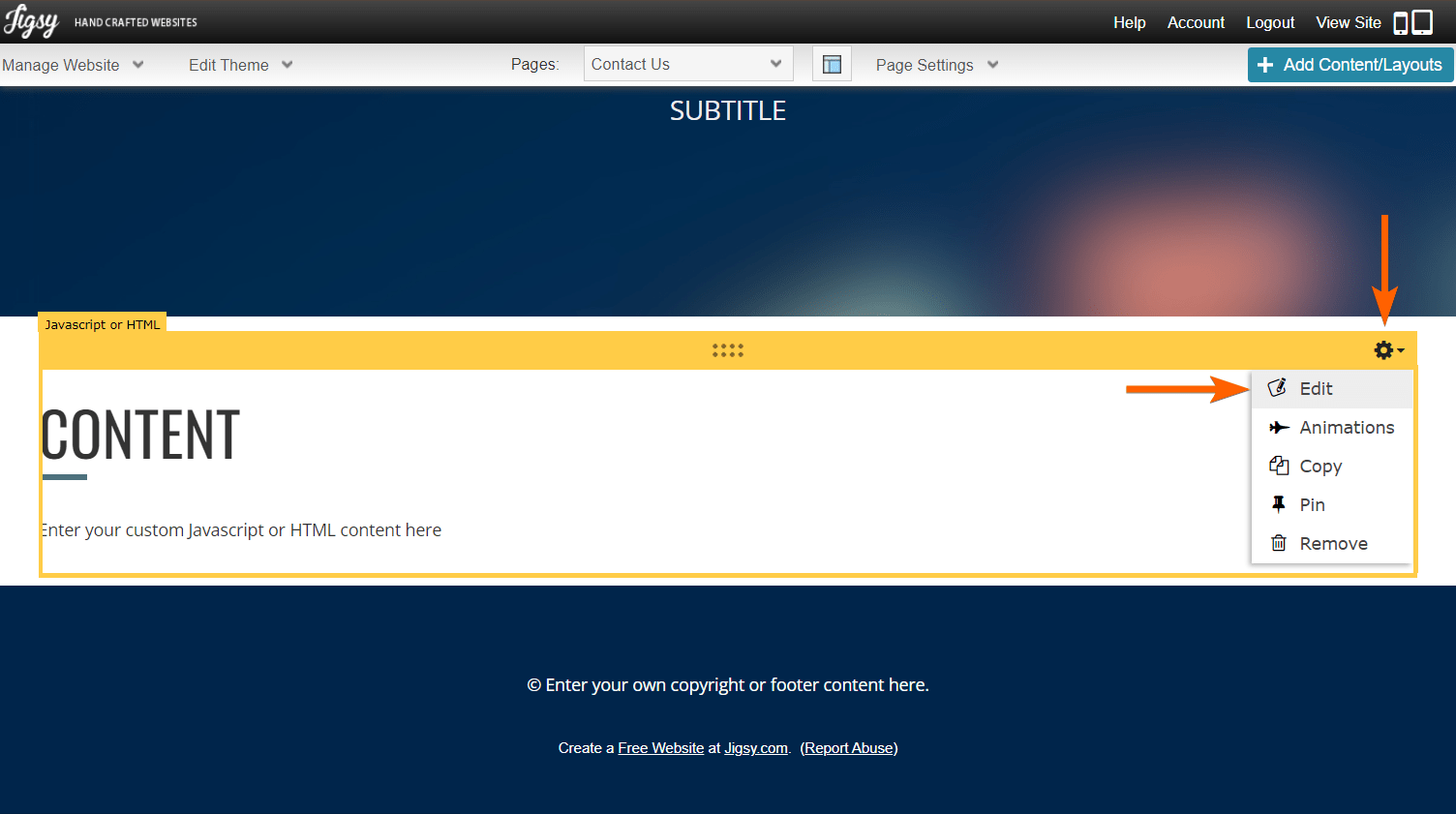 Capture d'écran du Modifier le bloc Javascript/HTML dans Jigsy Web Builder