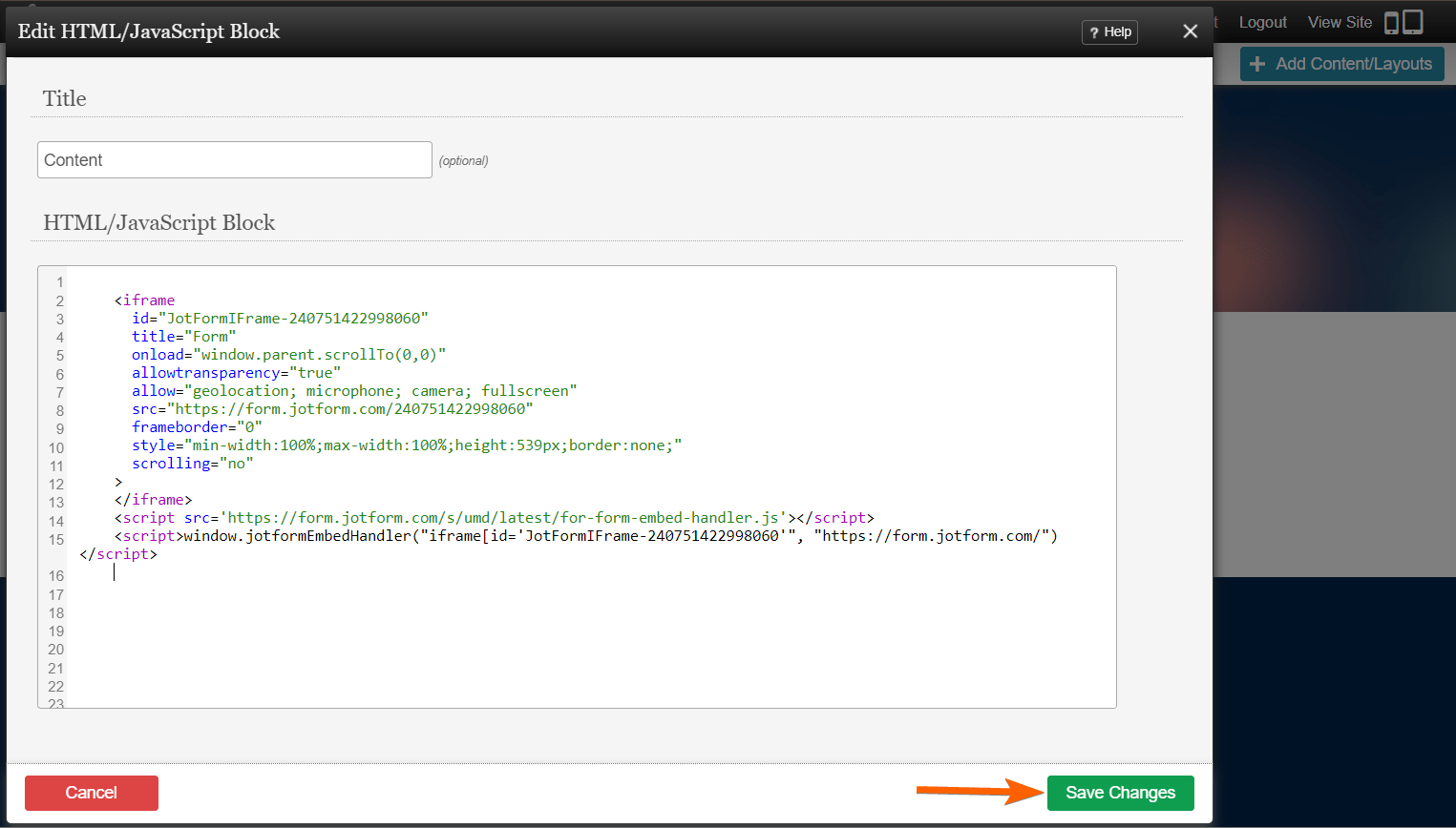 Capture d'écran du bloc HTML/JavaScript dans Jigsy Web Builder