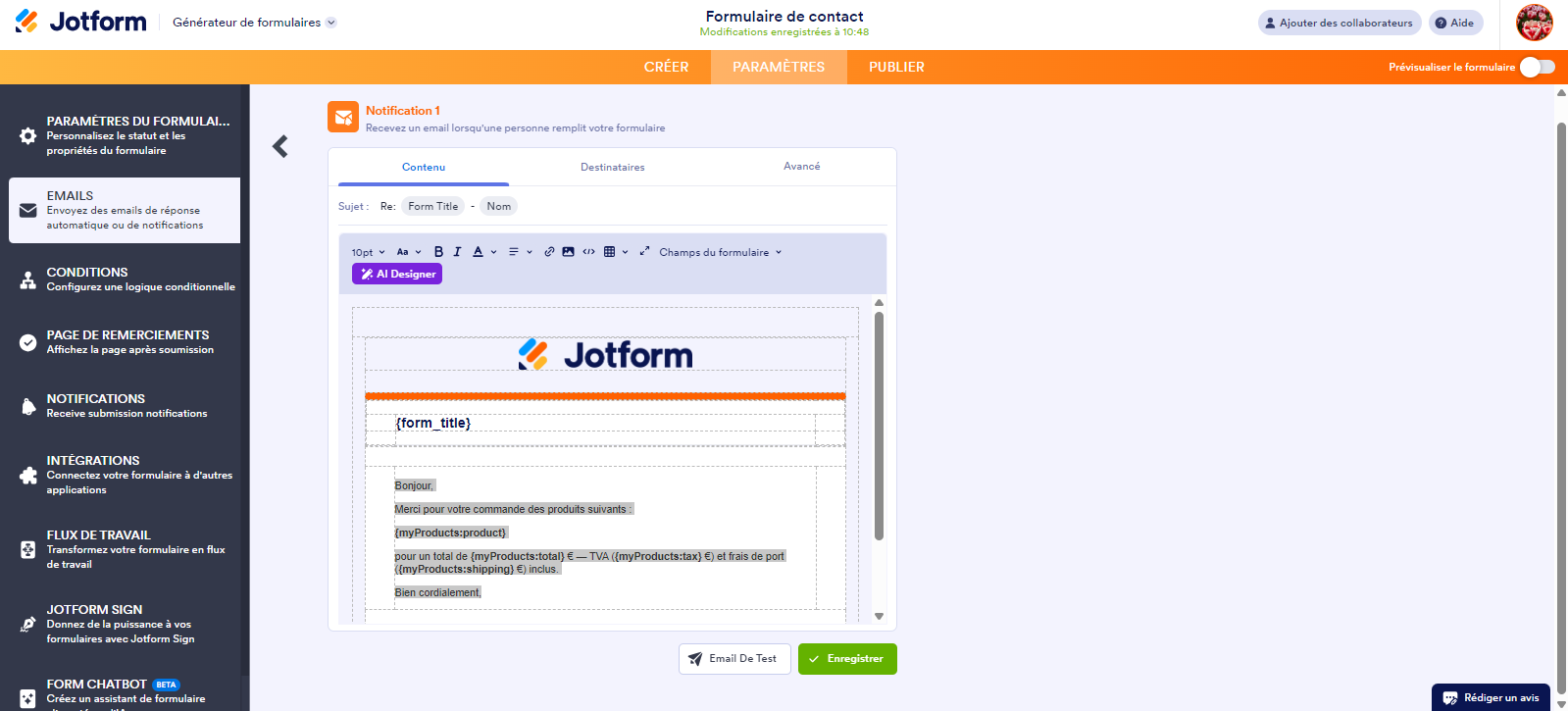 Capture d'écran d'un email de réponse automatique dans Jotform avec les étiquettes individuelles de l'élément Paiement