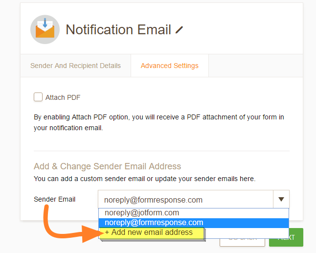 Capture d'écran de la fenêtre  Notification Email avec une flèche pointant vers le menu déroulant Ajouter une nouvelle adresse email