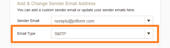 Capture d'écran de la fenêtre Ajouter et modifier l'adresse email de l'expéditeur avec un encadré autour du champ Type d'email