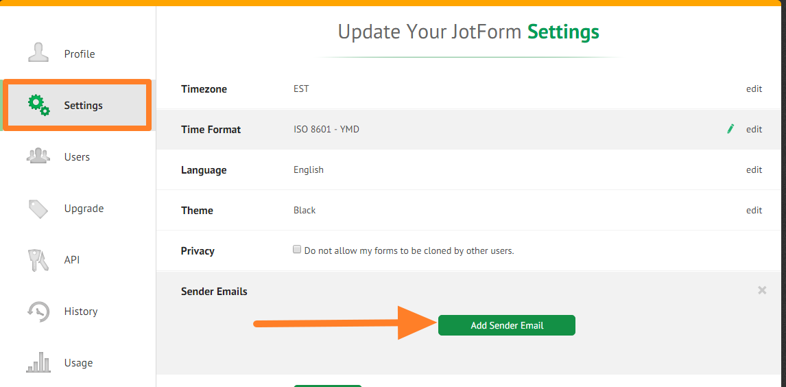 Capture d'écran de la page Mise à jour de vos Paramètres Jotform dans Mandrill avec une flèche pointant vers le bouton Ajouter l''adresse email de l'expéditeur