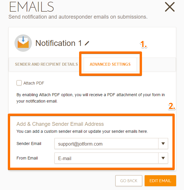 Capture d'écran de la page Emails dans Mandrill avec un encadré autour de Paramètres avancés et un autre autour de la section Ajouter et modifier l'adresse email de l'expéditeur
