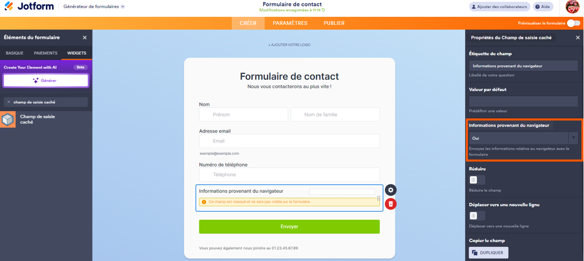 Capture d'écran d'un formulaire dans le Générateur de formulaires Jotform avec le volet Propriétés du Champ de saisie caché ouvert à droite et un encadré autour de la section Informations provenant du navigateur