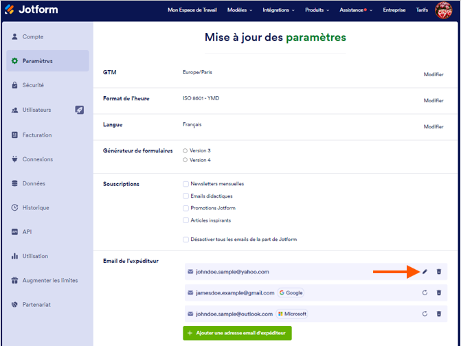 Capture d'écran de la page Mise à jour des paramètres de Jotform avec une liste d'adresses email dans la section Email de l'expéditeur et une flèche pointant vers le bouton Modifier de l'une d'elle