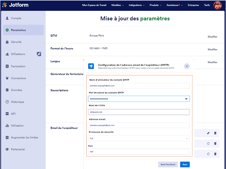 Capture d'écran de la fenêtre modale Configuration de l'adresse email de l'expéditeur (SMTP) dans Jotform