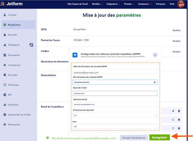 Capture d'écran de la page Mise à jour des paramètres de Jotform avec une flèche pointant vers le bouton Enregistrer en bas à droite