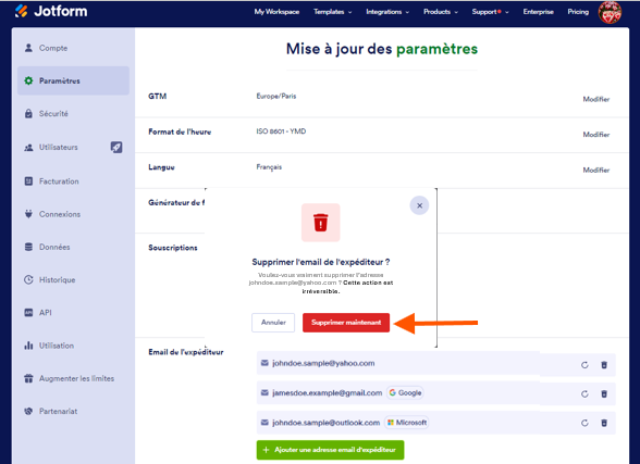 Capture d'écran de la page Mise à jour des paramètres de Jotform avec une flèche pointant vers le bouton Supprimer maintenant dans la fenêtre modale Supprimer l'email de l'expéditeur ?