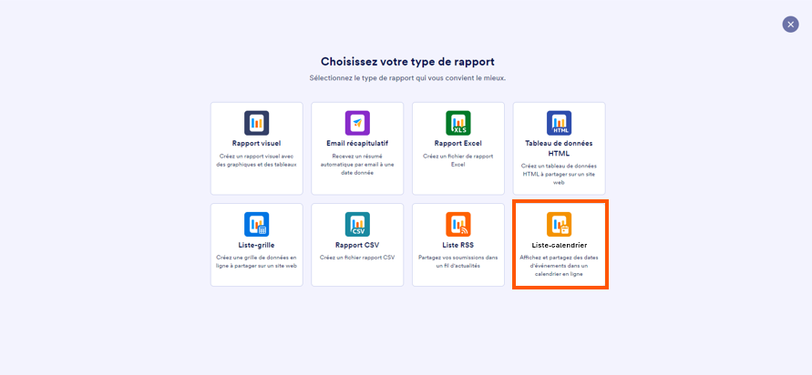 Capture d'écran de la page Choisissez votre type de rapport dans le Générateur de formulaires Jotform avec un encadré autour de l'option Liste-calendrier