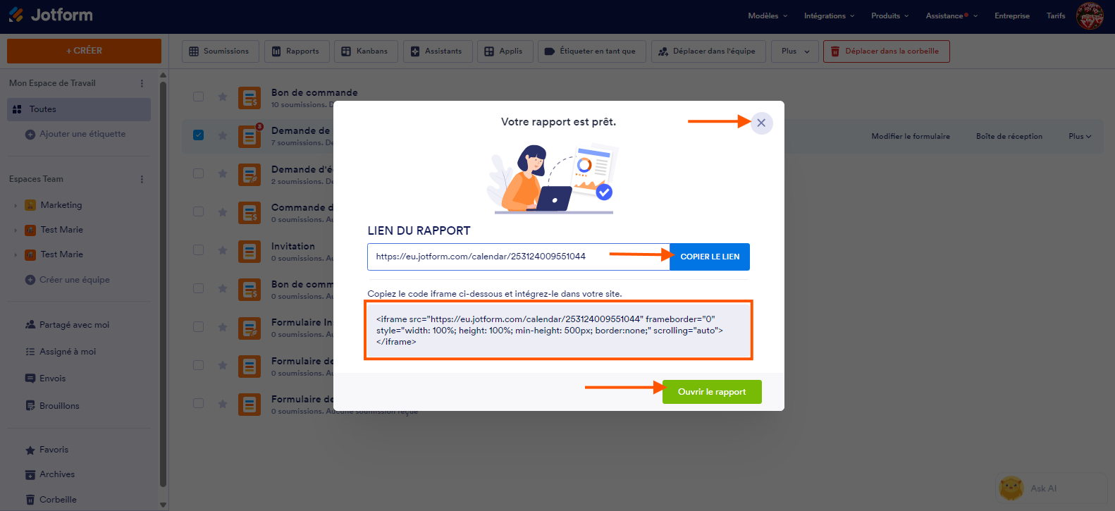 Capture d'écran de la fenêtre modale Votre rapport est prêt dans le Générateur de formulaires Jotform avec une flèche pointant vers le bouton Ouvrir le rapport, un encadré autour du code du rapport, une flèche pointant vers le bouton Copier le lien et une autre pointant vers le bouton X pour fermer cette fenêtre