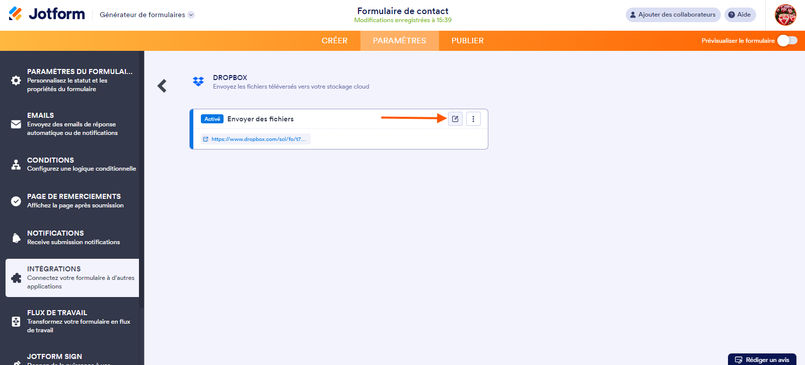 Capture d'écran de la fenêtre de l'intégration Dropbox dans le Générateur de formulaires Jotform avec une flèche pointant vers l'icône de crayon