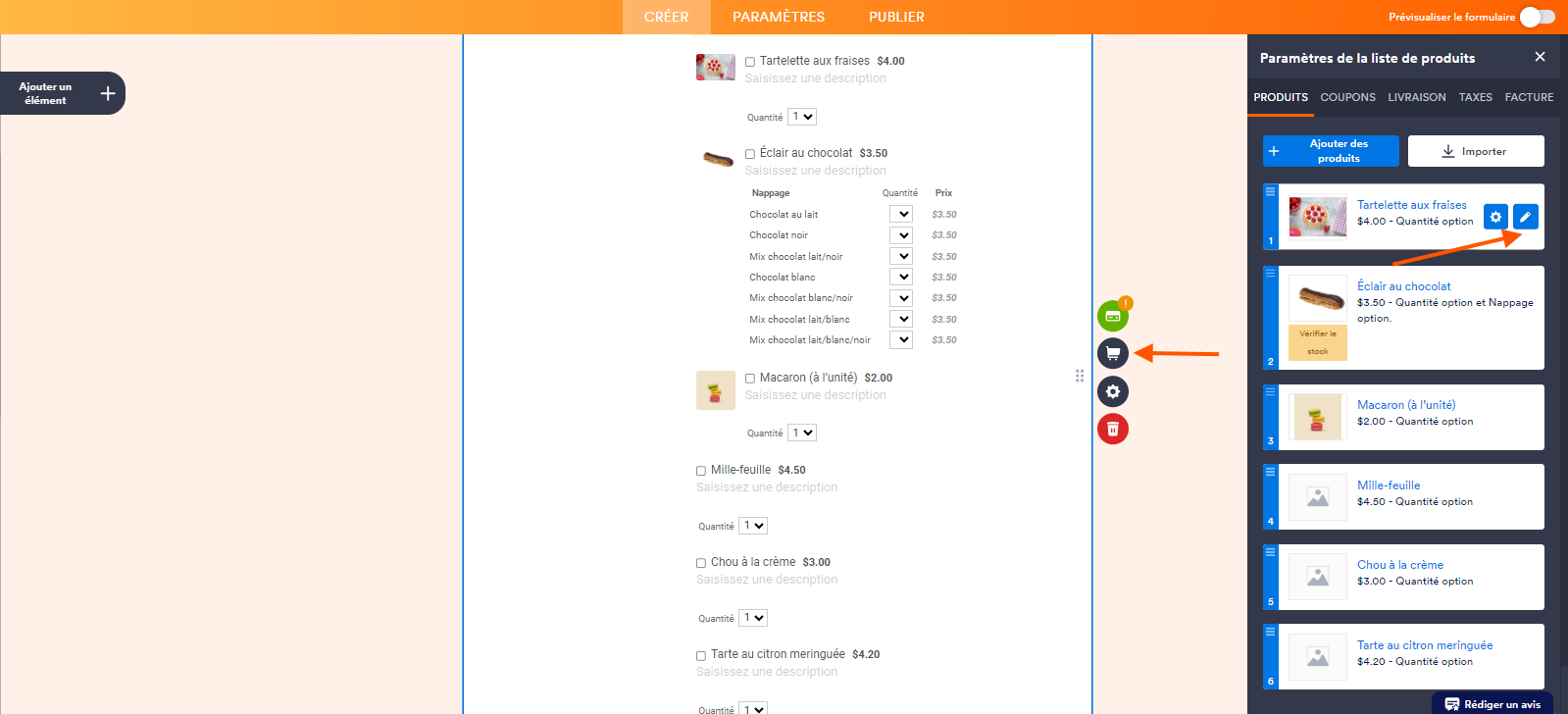 Capture d'écran d'un formulaire de commande de pâtisseries dans le Générateur de formulaires Jotform avec une liste de produits, une flèche pointant vers l'icône de caddie à droite de cette liste de produits et une autre pointant vers l'icône de crayon dans le premier produit dans le volet Paramètres de la liste de produits ouvert à droite