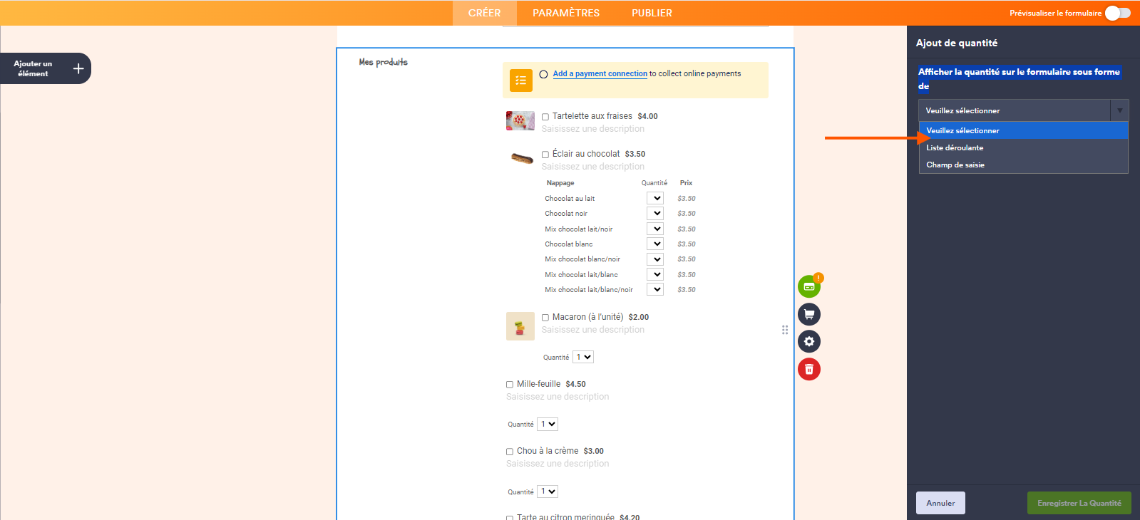 Capture d'écran d'un formulaire de commande de pâtisseries dans le Générateur de formulaires Jotform avec le volet Ajout de quantité ouvert à droite et une flèche pointant vers le menu déroulant du champ Afficher la quantité sur le formulaire sous forme de 