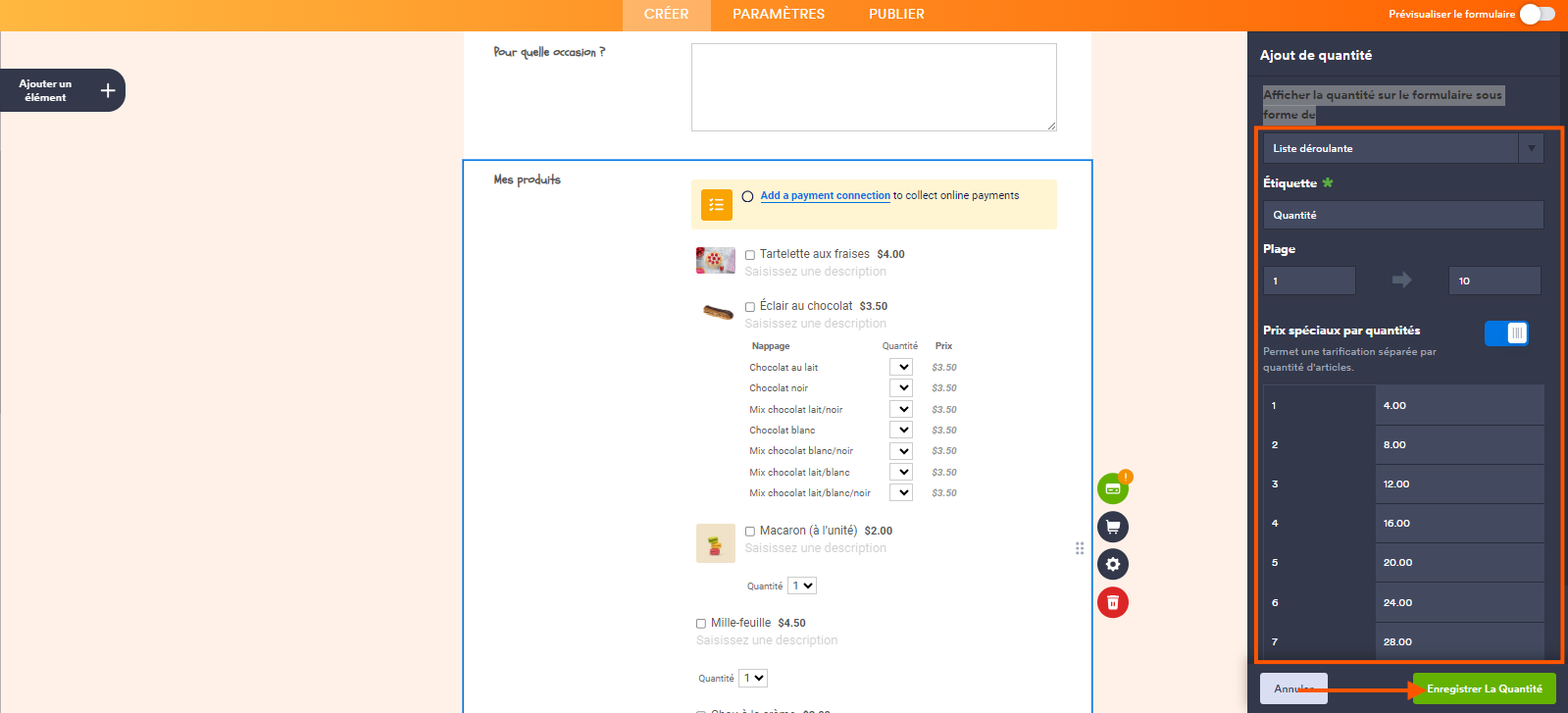Capture d'écran d'un formulaire de commande de pâtisseries dans le Générateur de formulaires Jotform avec le volet Ajout de quantité ouvert à droite, une encadré autour des options à choisir et renseigner et une flèche pointant vers le bouton Enregistrer la quantité