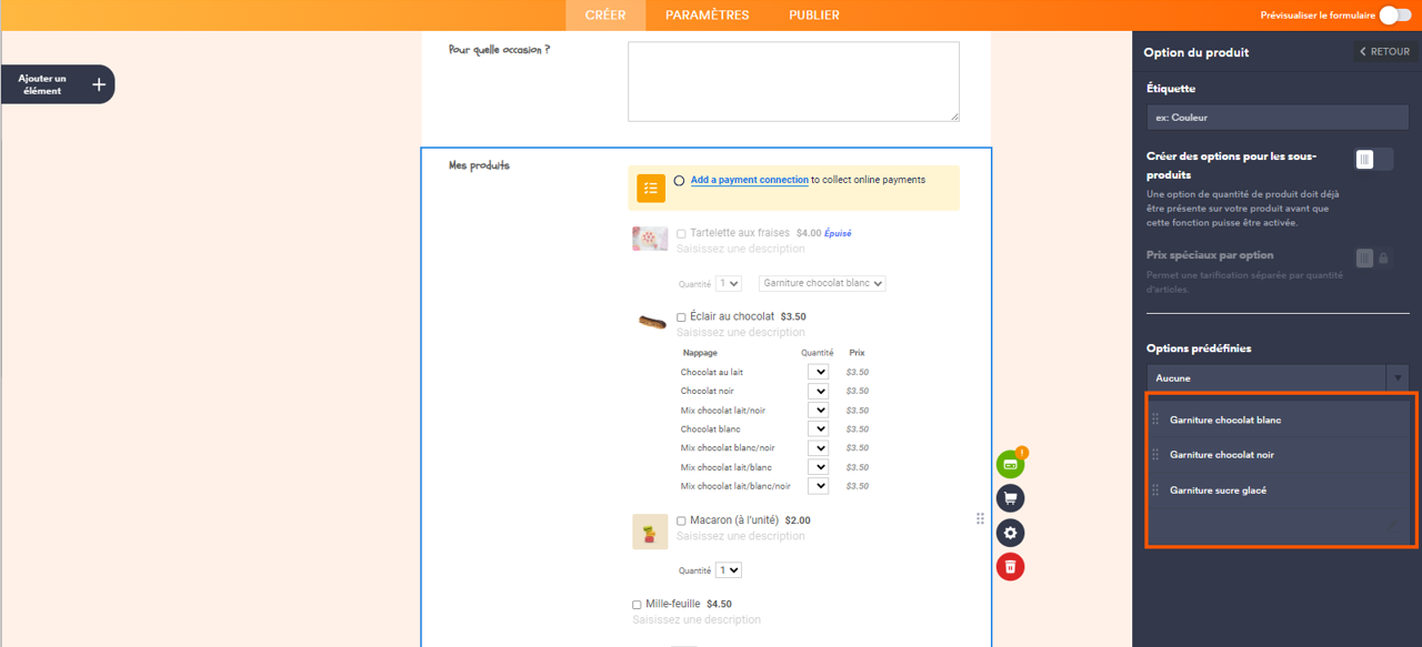 Capture d'écran d'un formulaire de commande de pâtisseries dans le Générateur de formulaires Jotform avec le volet Option du produit ouvert à droite et un encadré autour des options de produit ajoutées manuellement