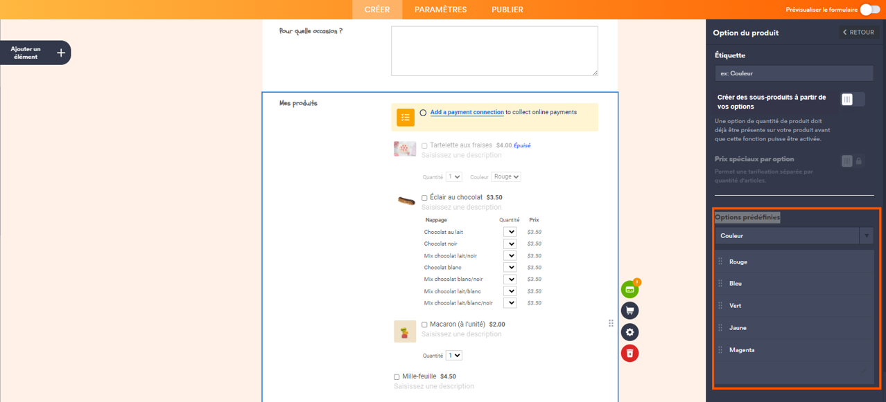 Capture d'écran d'un formulaire de commande de pâtisseries dans le Générateur de formulaires Jotform avec le volet Option du produit ouvert à droite et un encadré autour des options prédéfinies Couleur