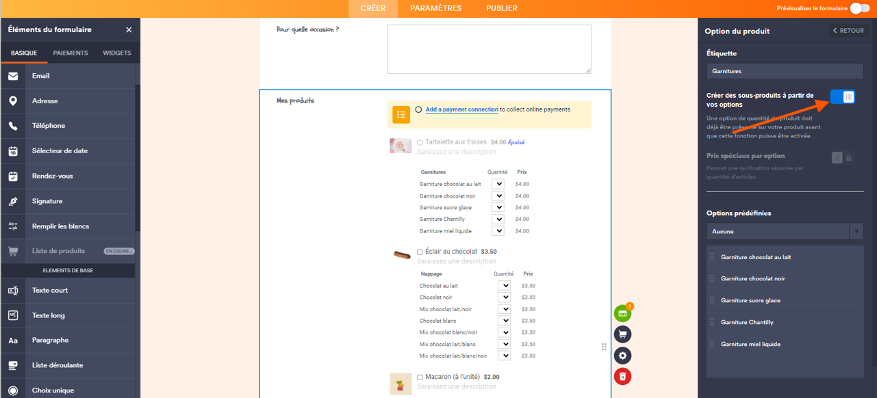 Capture d'écran d'un formulaire de commande de pâtisseries dans le Générateur de formulaires Jotform avec le volet Option du produit ouvert à droite et une flèche pointant vers le bouton bascule Créer des sous-produits à partir de vos options activé