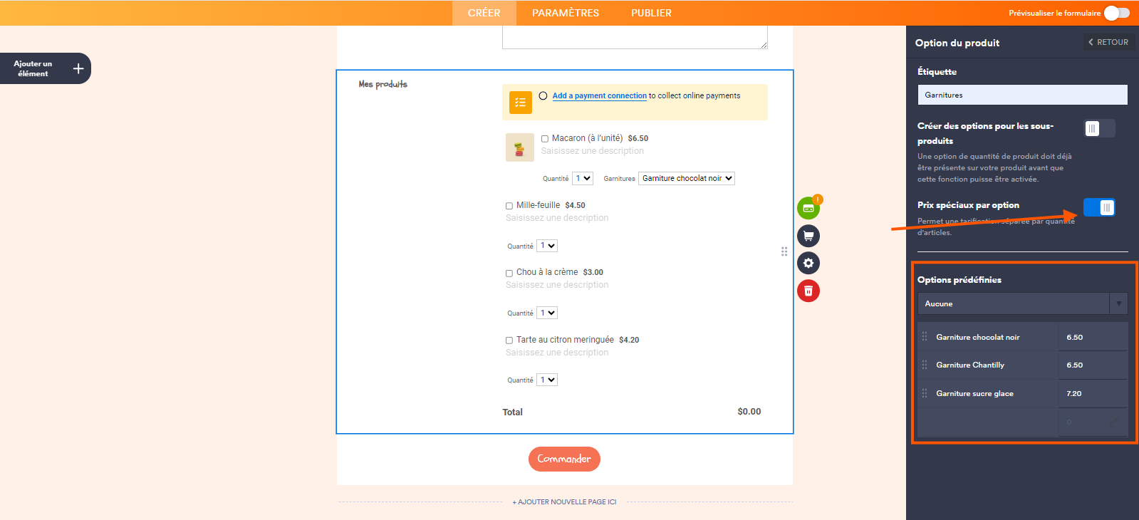 Capture d'écran d'un formulaire de commande de pâtisseries dans le Générateur de formulaires Jotform avec le volet Option de produit ouvert à droite, une flèche pointant vers le bouton bascule Prix spéciaux par option et un encadré atour du tableau avec des options à des prix différents 
