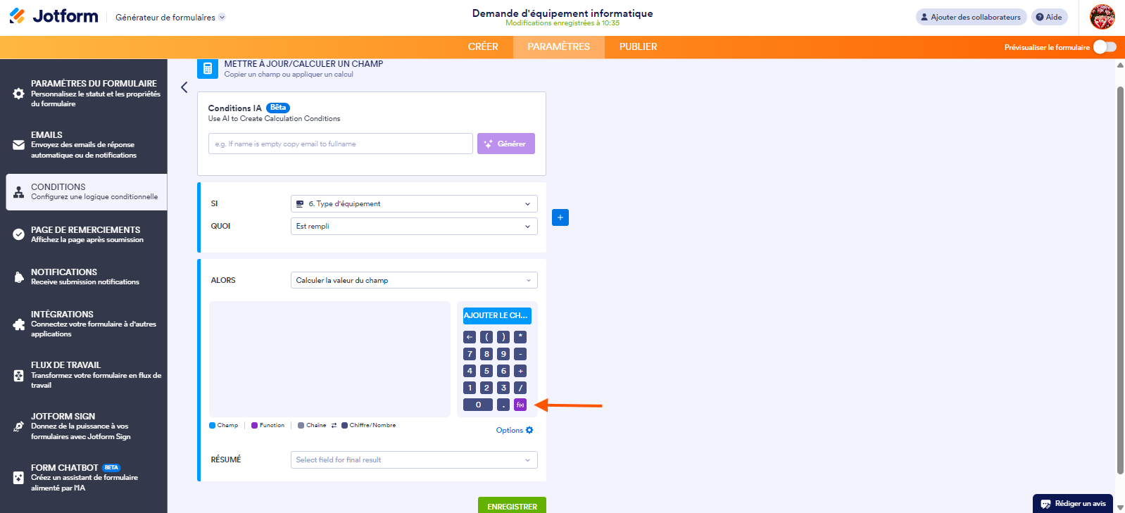 Capture d'écran de la page METTRE À JOUR/CALCULER UN CHAMP dans les Conditions pour configurer une logique conditionnelle avec une flèche pointant vers l'icône de fonction dans la calculatrice du champ Calculer la valeur du champ
