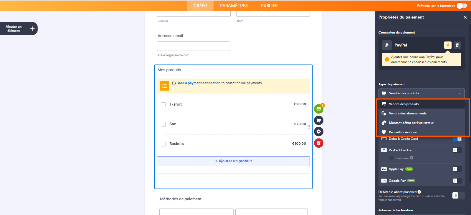 Capture d'écran d'un formulaire dans le Générateur de formulaires Jotform avec un élément Liste de produits et le volet Propriétés du paiement ouvert à droite avec un encadré autour des options de la liste déroulante du champ Type de paiement