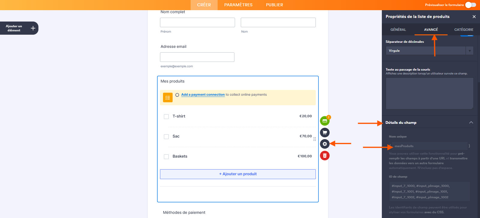 Capture d'écran d'un formulaire dans le Générateur de formulaires Jotform avec un élément Liste de produits, une flèche pointant vers l'icône d'engrenage pour ouvrir le volet Propriétés de la liste de produits à droite, une autre pointant vers l'onglet Avancé, une troisième pointant vers la section Détail du champ et une quatrième pointant vers le champ Nom unique