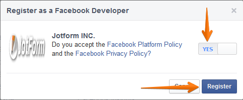 Capture d'écran de la page d'inscription à Facebook Developer avec une flèche pointant vers le bouton Oui et une autre pointant vers le bouton  S'inscrire