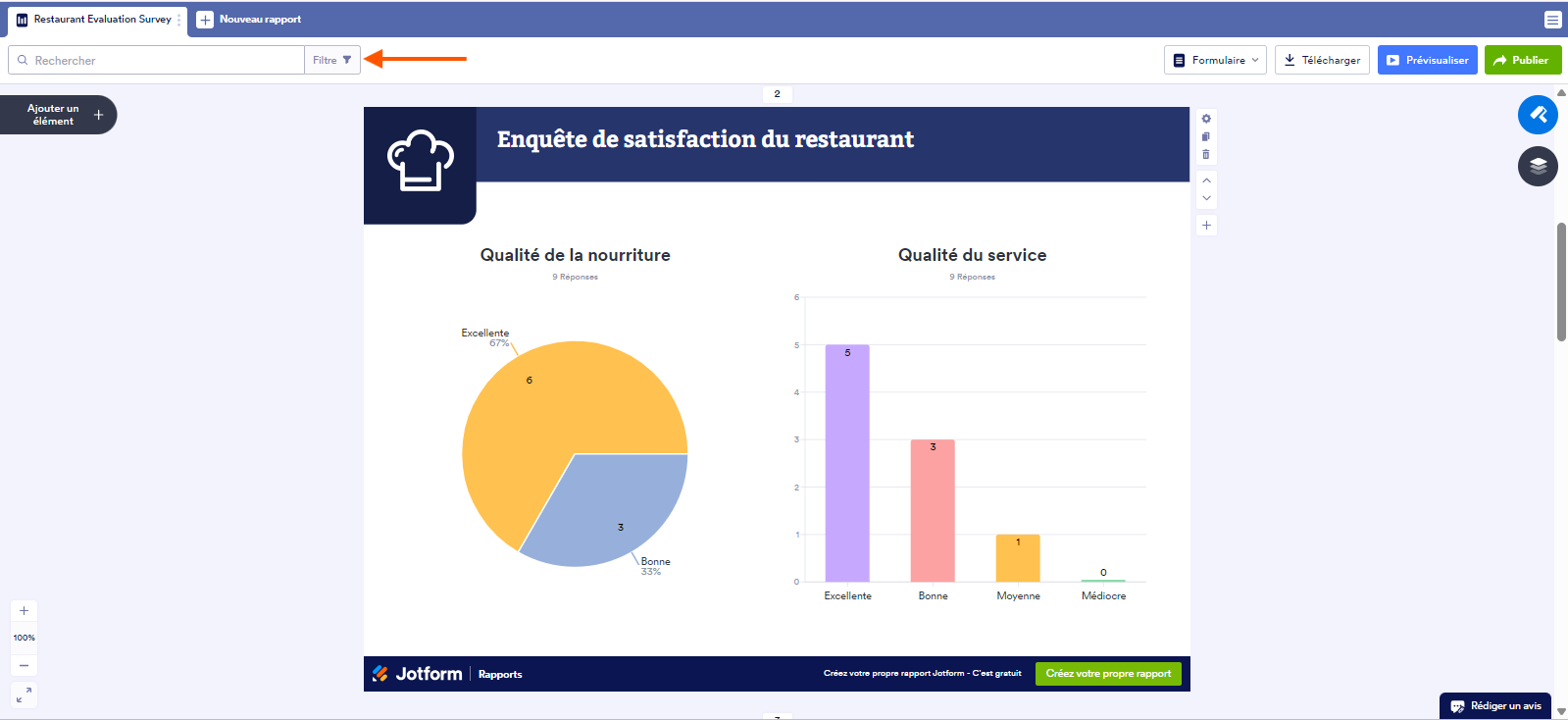 Capture d'écran d'un rapport dans Jotform avec une flèche pointant vers Filtre en haut de l'écran