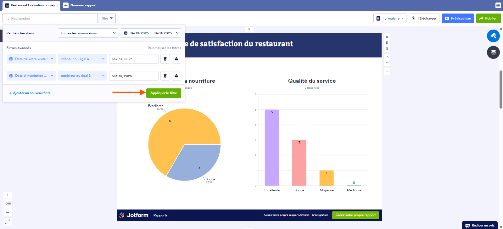 Capture d'écran d'un rapport dans Jotform avec une flèche pointant vers l'option Appliquer le filtre dans le sélecteur de dates de la fenêtre de Filtre