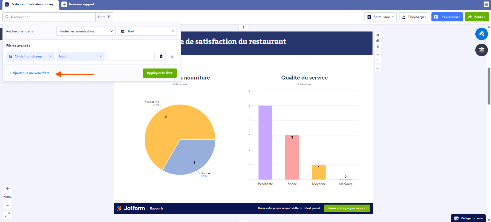 Capture d'écran d'un rapport dans Jotform avec une flèche pointant vers le bouton Ajouter un nouveau filtre dans la fenêtre de Filtre