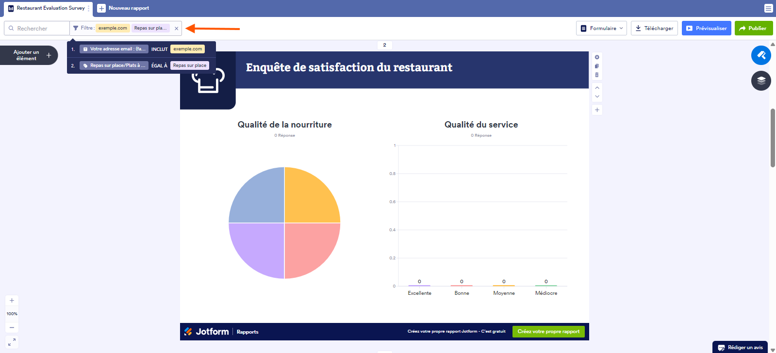 Capture d'écran d'un rapport dans Jotform avec une flèche pointant vers des filtres enregistrés et le X pour les supprimer dans la fenêtre de Filtre