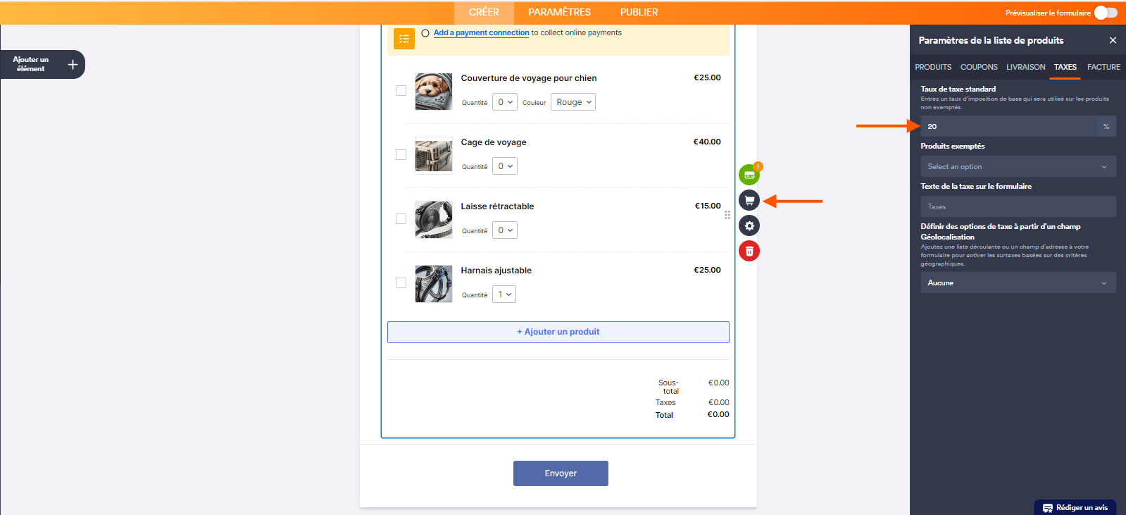 Capture d'écran d'un formulaire dans le Générateur de formulaires Jotform avec une flèche pointant vers l'icône de caddie à droite de l'élément Liste de produits et une autre pointant vers le champ Taux de taxe standard dans le volet Paramètres de la liste de produits ouvert à droite