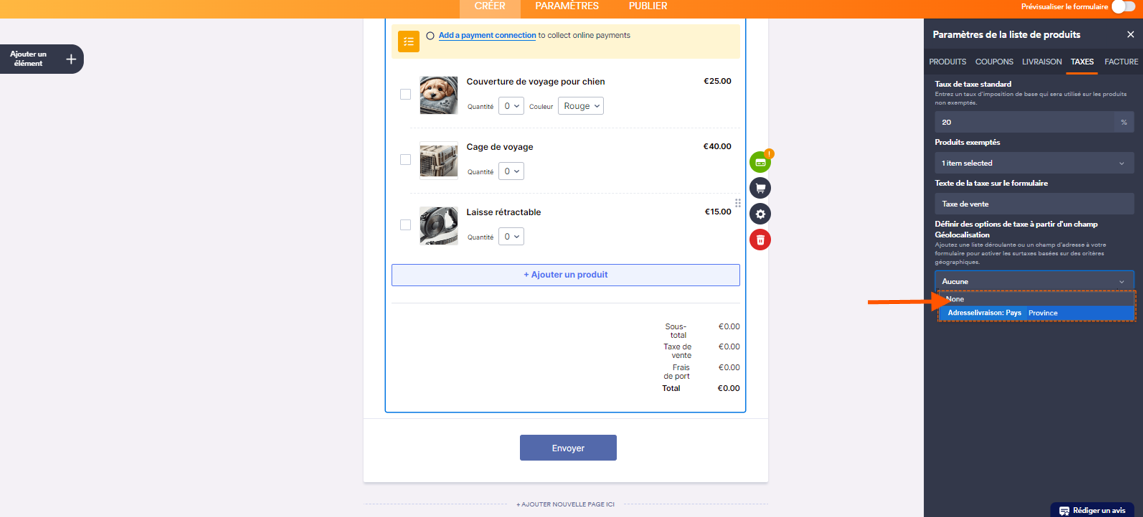 Capture d'écran de la liste de produits d'un formulaire Jotform avec une flèche pointant vers le menu déroulant du champ Définir des options de taxe à partir d'un champ Géolocalisation

