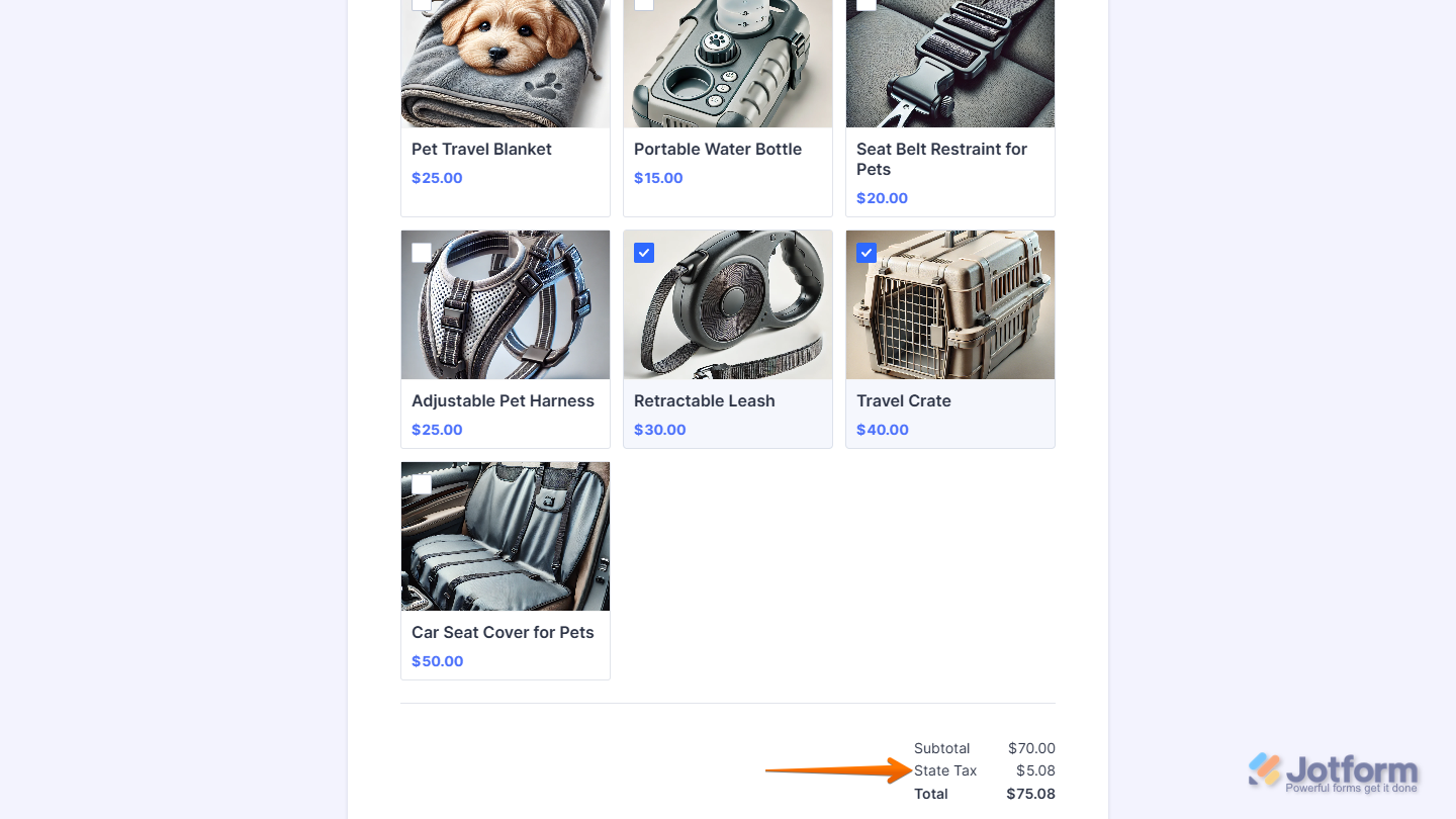 Capture d'écran de la liste de produits d'un formulaire Jotform avec une flèche pointant vers les totaux de la commande montrant le sous-total, la surtaxe locale et le total à régler