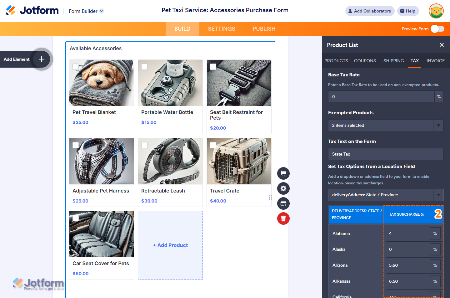 Capture d'écran de la liste de produits d'un formulaire Jotform avec un encadré autour du tableau des taxes de vente en fonction de l'adresse de livraison dans le volet Paramètres de la liste de produits et l'onglet Taxes