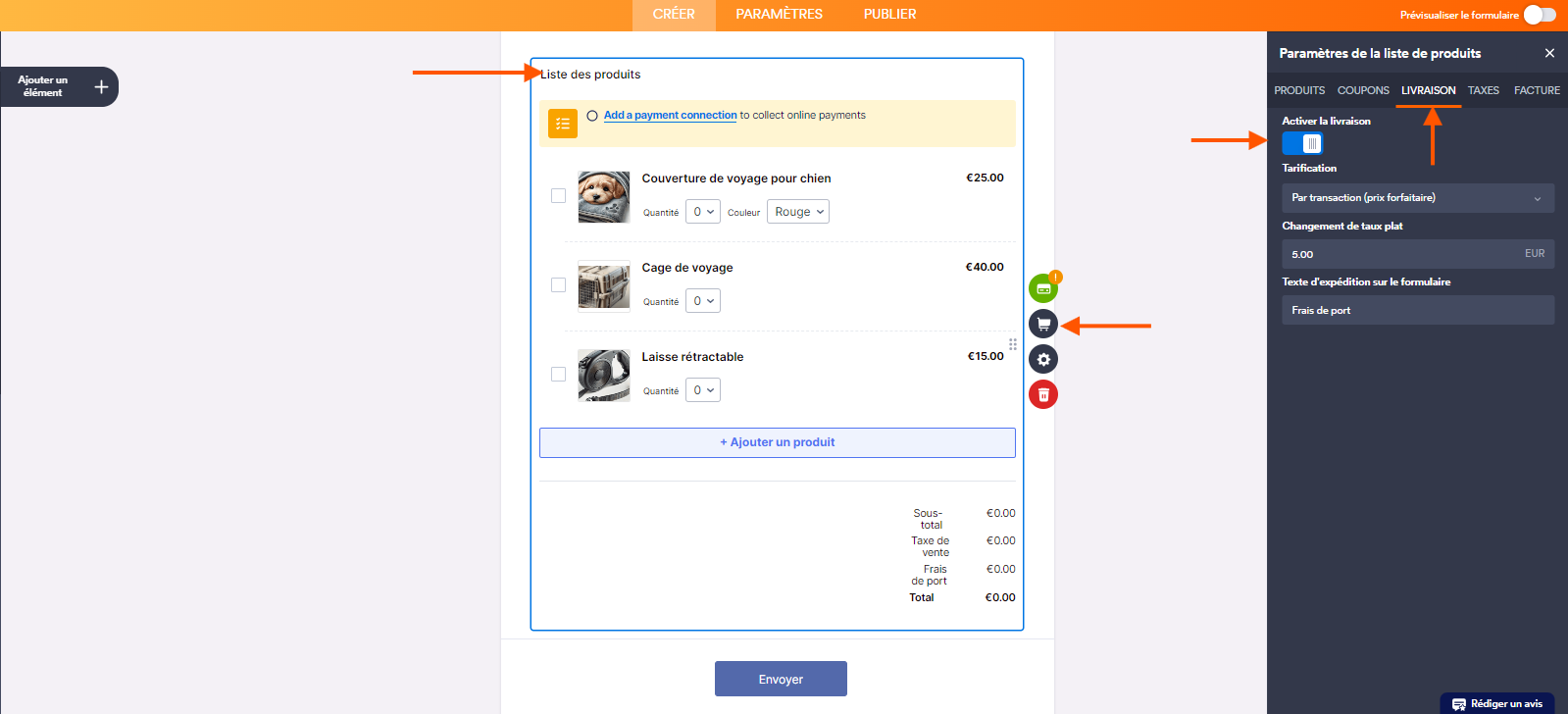 Capture d'écran de la liste de produits d'un formulaire dans le Générateur de formulaires Jotform avec une flèche pointant vers l'élément Liste de produits, une autre pointant vers l'icône de caddie, une troisième pointant vers l'onglet Livraison du volet Paramètre de la liste de produits ouvert à droite et une quatrième pointant vers le bouton bascule Activer la livraison