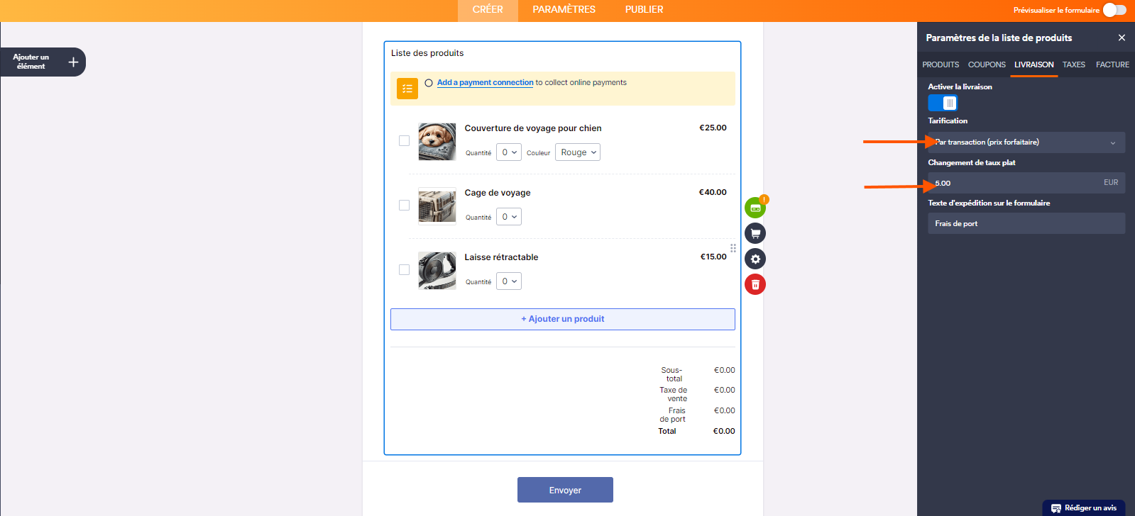 Capture d'écran de la liste de produits d'un formulaire dans le Générateur de formulaires Jotform avec une flèche pointant vers le champ Tarification et une autre pointant vers le champ Changement de taux plat