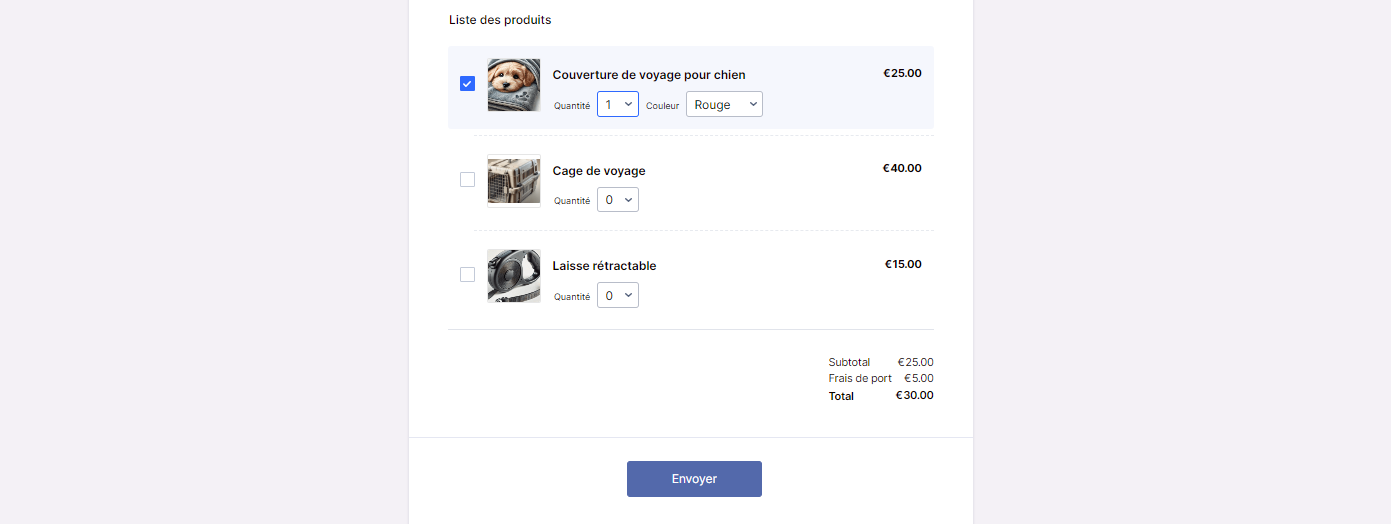 Capture d'écran de la liste de produits d'un formulaire Jotform montrant un produit commandé, le sous-total, le montant des frais de port et le total de la commande
