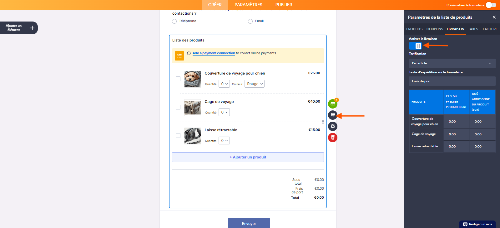Capture d'écran de la liste de produits d'un formulaire dans le Générateur de formulaires Jotform avec une flèche pointant vers l'icône de caddie et une autre flèche pointant vers le bouton bascule Activer la livraison dans l'onglet Livraison du volet Paramètres de la liste de produits ouvert à droite