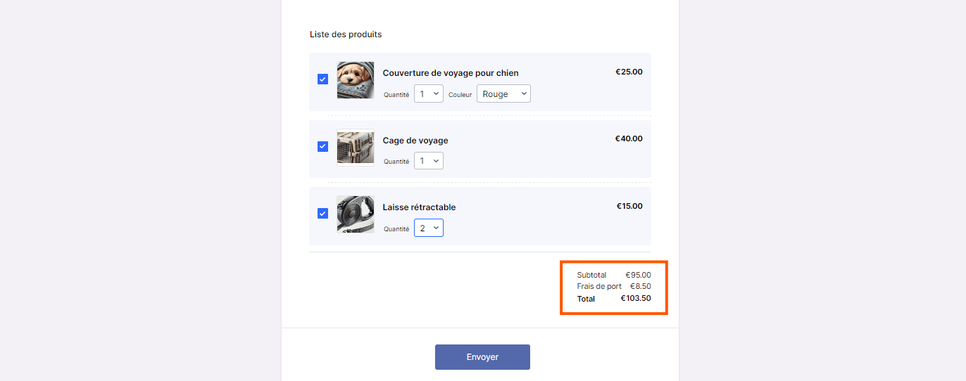 Capture d'écran de la liste de produits d'un formulaire Jotform montrant trois produits commandés, avec un encadré autour du sous-total, du montant des frais de port calculé automatiquement et du total de la commande