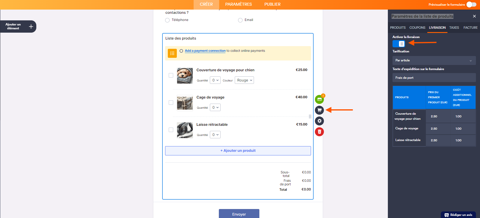 Capture d'écran de la liste de produits d'un formulaire dans le Générateur de formulaires Jotform avec une flèche pointant vers l'icône de caddie et une autre pointant vers le bouton bascule Activer la livraison dans le volet Paramètres de la liste de produits ouvert à droite