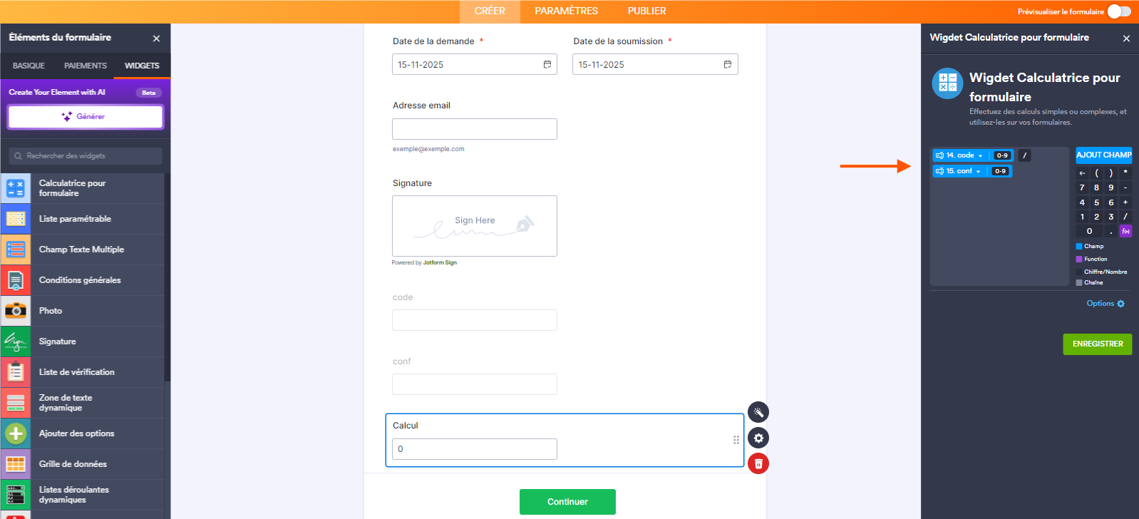 Capture d'écran du formulaire dans le Générateur de formulaires Jotform avec le volet Widget Calculatrice pour formulaire ouvert et la formule champ Code 0-9 / champ conf 0-9