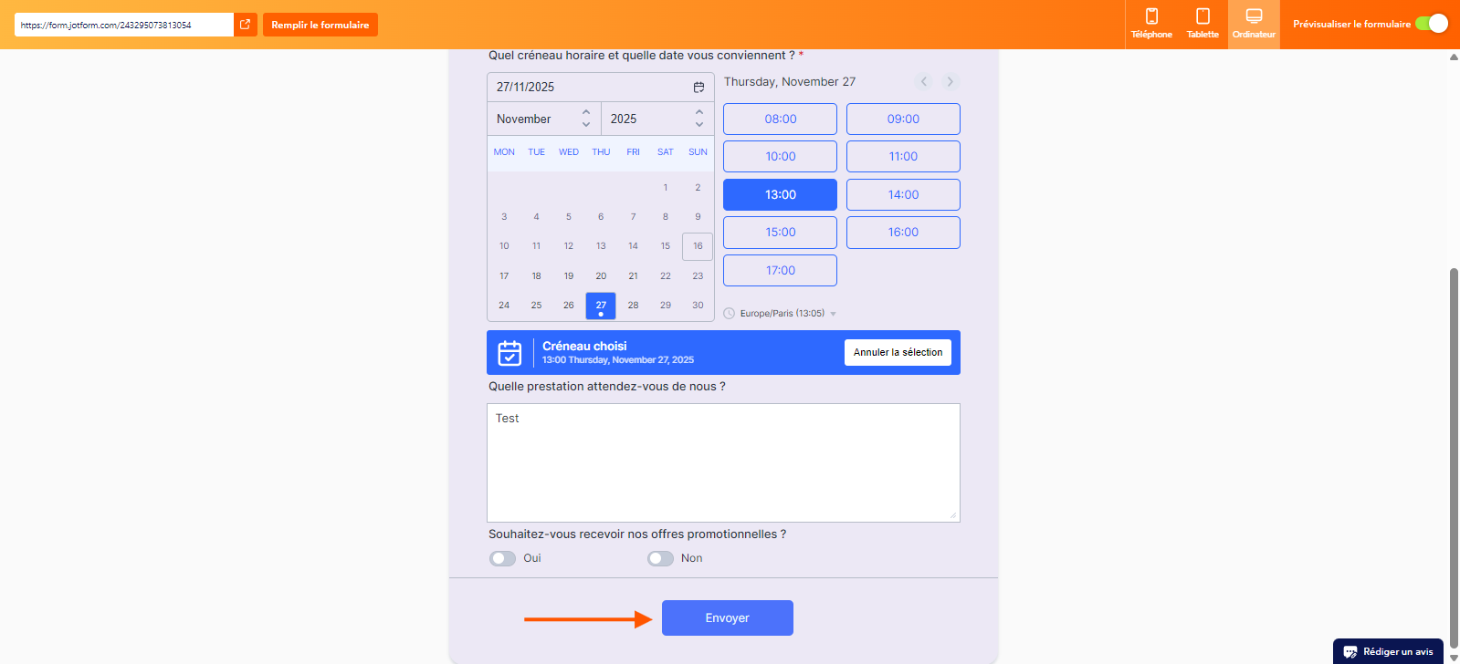 Capture d'écran du formulaire Jotform en mode Aperçu avec les champs renseignés et une flèche pointant vers le bouton Envoyer