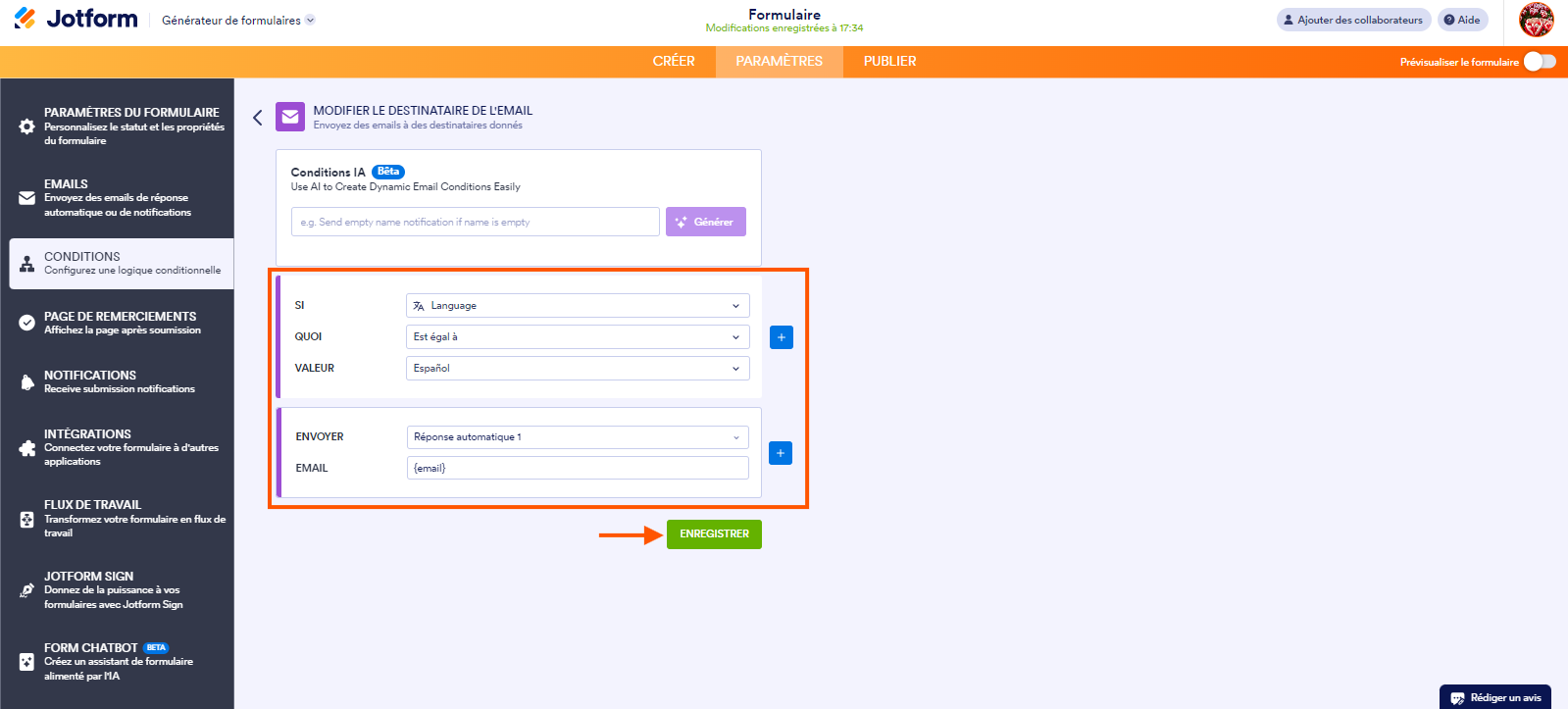 Capture d'écran de la page Modifier le destinataire de l'email dans le Générateur de formulaires Jotform avec un encadré autour de la condition définie et une flèche pointant vers le bouton Enregistrer