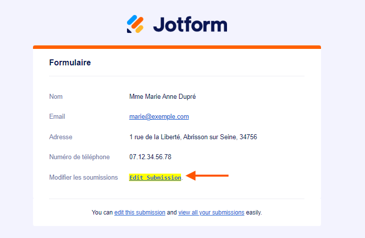 Capture d'écran d'un email de notification Jotform avec une flèche pointant vers un lien Modifier la soumission