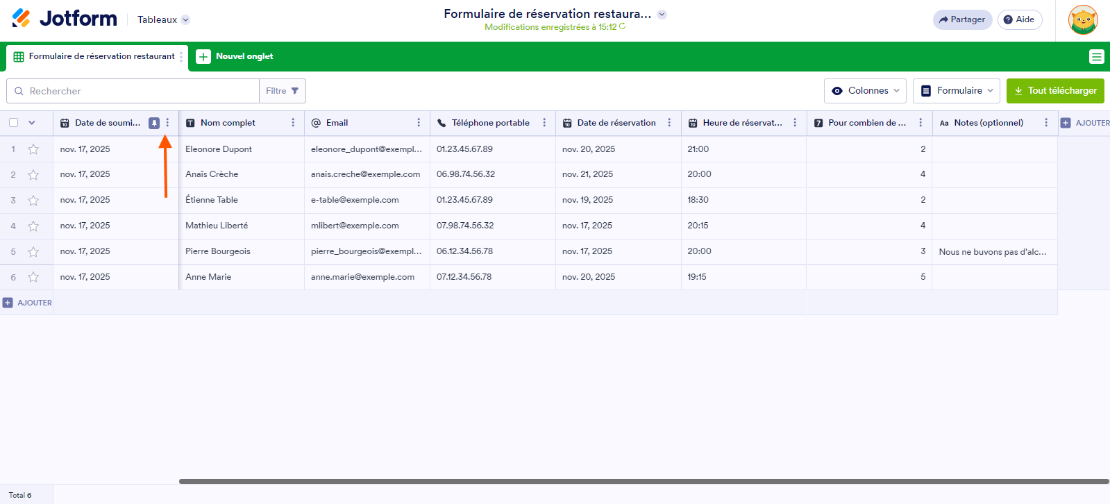 Capture d'écran d'une liste de soumissions dans les Tableaux Jotform avec une flèche pointant vers les trois points verticaux de la colonne Date de soumission