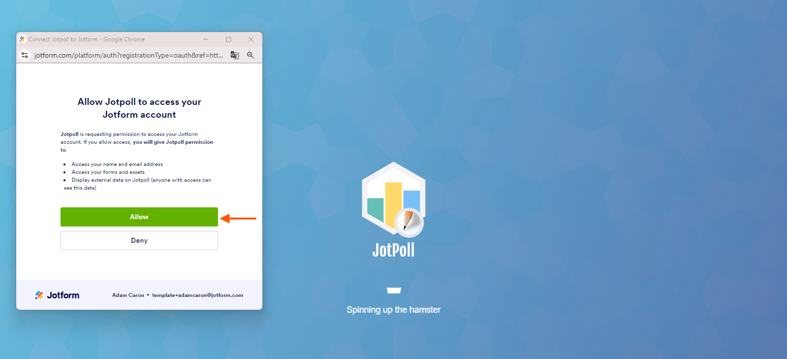 Capture d'écran de la Page Jotpoll avec une fenêtre modale qui demande l'accès à Jotform et une flèche pointant vers le bouton Allow (autoriser)