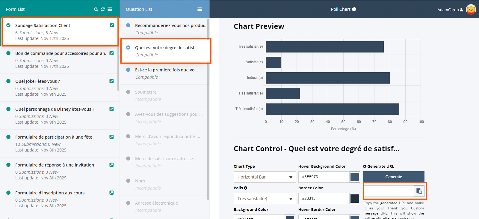 Capture d'écran de la Page Jotpoll avec un volet à gauche avec les formulaires Jotform, un encadré autour d'un formulaire, une autre autour de la question de sondage, et une troisième autour du champ de saisie du code en dessous du bouton Generate